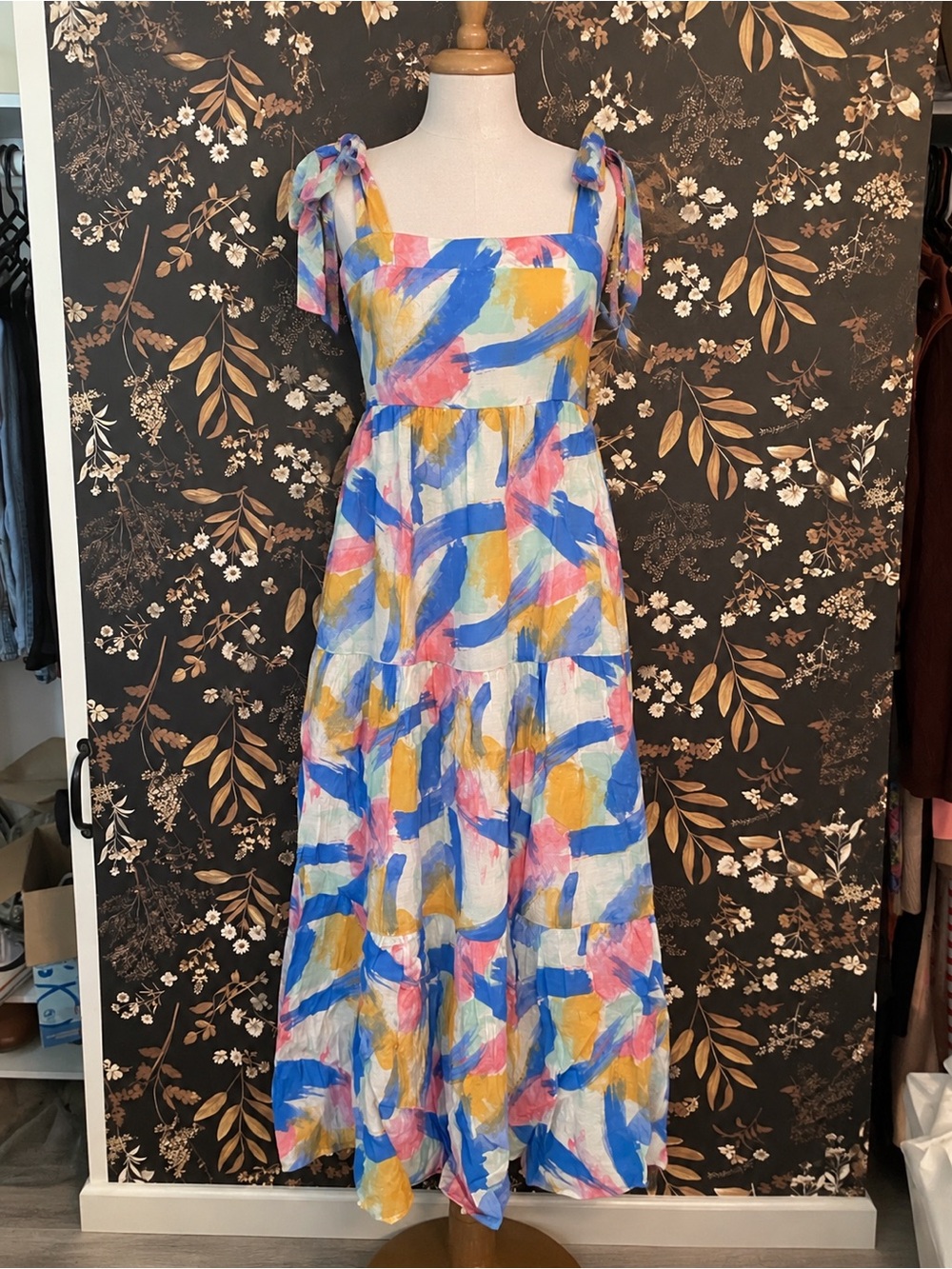 Blu Pepper Tie-Shoulder Maxi Dress in Blue, Yellow & Pink Brushstroke Print
